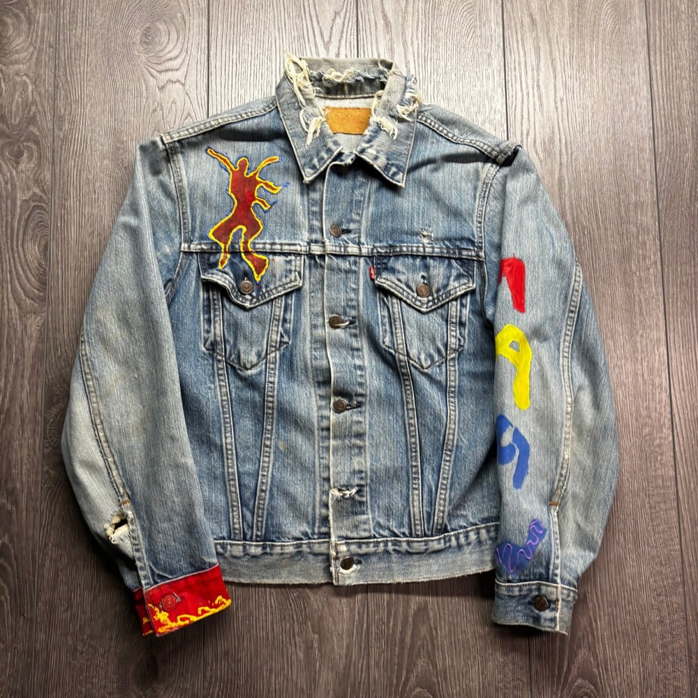 Vintage 80s Levis Hand Painted Pop Art Denim Trucker Jacket Distressed Blue Mens